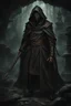 Placeholder: An asian warrior in a dark robe with a hood, sporting a crepy demonic evil character mask. The setting appears to be a dark and eerie environment, a dungeon, a haunting forest or old dark ruins.