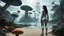 Placeholder: detailed matte painting of a wide-angle shot of a woman standing on the right-hand side of an alien beach, with dark hair in a silver robotic catsuit, many floating mushrooms with jellyfish tentacles, alien jungle trees in the distance, deep colour