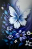 Placeholder: painting of one flower in the middle going up with butterflies around it in the very center back ground white main color purple