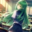 Placeholder: girl, masterpiece, best quality, cinematic lighting, detailed outfit, perfect eyes, long hair, green hair, green eyes, looking back, angry, in classroom, school outfit,