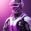 Placeholder: cute man, handsome man in futuristic suits, black and white highlight hair color, pink and purple background, pink lighting, deep purple backlighting, gun, smoke, robot suits