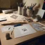 Placeholder: A photograph of a drawing table with cards on it and drawing tools