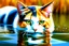 Placeholder: Golden ratio, ultra detailed watercolor painting, wet on wet painting, soft edges beautiful (((Masterpiece))) Create an image of a calico cat partially submerged in water, with its face and upper neck visible just above the surface. The cat has distinct patches of orange, black, and white fur, giving it a vibrant and colorful appearance. Its eyes are large and expressive, with a bright green hue that reflects the light filtering through the water. The background is a rich und