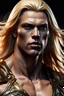 Placeholder: Muscular alpha male with Long blonde hair , dark fantasy, intricate details, hyper detailed. 4K. Ultra Realistic