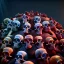 Placeholder: a picture of a dark, comedic, anatomically correct wall of colorful tightly packed stacked skulls of varying sizes and expressions, photo realistic, insanely meticulous, highly detailed, part of a collection of bones on display, 64k, dystopian, vray