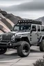 Placeholder: The large jeep is gray color on the outside and black on the inside