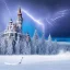 Placeholder: bird on slalom ski in front of ice castle, ski tracks and blue storm clouds and burning lightening