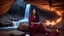 Placeholder: Hyper Realistic Photographic Outside View Of A Gorgeous Pashto Young Woman (Wearing Simple Maroon Colored Dress & Wearing Plain Maroon Dupatta On Her Neck) Happily Sitting & Smiling Boldy In A Cave & Showing Her Long Black Hair & her Legs Are In The Lakewater With Waterfall View Outside, With Heavy Rain Outside Cave At Dark Night Showing Dramatic & Cinematic Ambiance.