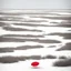 Placeholder: A captivating hyper minimalist photograph of a barren snow-covered field on a grey day. Concept art, The overall color palette is muted. In the distance there is a single red beach umbrella in ground. The field stretches out in a long view creating a sense of isolation and desolation.