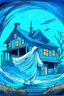 Placeholder: A white-pale ghost leaving a house forever. Nighttime, moonlit, cold colors