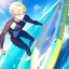 Placeholder: ONE anime blonde boy on a surfboard, riding the perfect wave