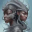 Placeholder: sango fantasy, fantasy magic, intricate, sharp focus, illustration, highly detailed, digital painting, concept art, matte, artgerm and paul lewin and kehinde wiley, masterpiece silver dragon head gray Asain African nice breast Afo woman turquoise waves