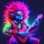 Placeholder: NC Hyperreal:1.0> troll with big hair wearing bright colored clothes. His guitar is glowing, and music is radiating from it. Lighting flashes in the background. Heavy metal music "8k resolution holographic astral cosmic illustration mixed media by Pablo Aramingo"\