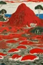 Placeholder: A red volcanic island with dolphins painted by Jean Dubuffet
