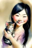 Placeholder: A cute smiling asian girl is holding a kitten. Watercolour