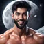 Placeholder: Hyper Realistic Shirtless Muscular Young Handsome man with beard & short black hair & red eyes on moon smiling in outer space