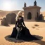 Placeholder: A peroxide blonde with steel blue eyes wears a black lace widow's dress, kneeling in the desert. Behind her, a tomb under the sun, with a religious statue casting a sharp, threatening shadow. It is the cruel desert.