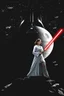 Placeholder: black background onto which the outline of darth vader, face obscured, standing filled with stars nebula and the Death Star is large within, in front in poses from the original star wars posters is Luke Skywalker with lightsaber and Princess Leia Organa with laser pistol both in white clothing atop crumbling stone, the millenium falcon and x-wing fighters and tie-fighters flying among the stars, do not show darth vader's face