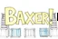 Placeholder: a drawing with sketch lead pencil, The word "BAXER" in yellow floating like a big sign, strong painting, strong expression, BAXER!, BAXER! the word Baxer, WOODEN CRATES AND BLUE BARRELS