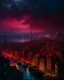 Placeholder: A dark reddish magenta city with chess piece shaped buildings at nighttime painted by Ivan Aivazovsky