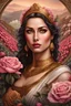 Placeholder: Invredibly beautiful Portrait of a Greek lady in mixed with cyberpunk dress dusty rose, golden color and pink, inbfront of gigantic Wall engraved by Zraostrian engravings, hyperdetailed landscape behind depth of field mountains and vegetations flowers and roses planted, sophisticated array of colors and secret path round table, 250 megapixels, photorealistic, realistic photography, volumetric lights, HDR