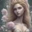 Placeholder: fairy style, head, women, portrai,long hair beautiful one nude body of a make up smiling woman blond long hair, alone, high key lighting, volumetric light high details with white stripes and blue eye, smiling with plump pink lips+++, flowers around, unreal engine petit prince belle fine, profil de trois quart, grand front cosmique, peau bleu cristalline, yeux bleu, perle sur le front long cheveux blond et rose etoilé, cristaux sur le corps, collier de grande princes