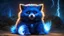 Placeholder: An electric blue furred Tanuki with a lightning bolt shaped tail, crackling with energy and possessing intense glowing blue eyes. The creature, named Voltanuki, stands on all fours, its fur sparking with electricity as it is surrounded by a visible aura of crackling energy. It has an almost ethereal glow that sets it apart from its traditional counterpart. In the background, one can see a bolt of lightning striking the ground, releasing a powerful surge of energy that seems to fuel Voltanuki's e