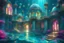 Placeholder: cosmic town underwater turquoise color, domed houses with pbright pink and yellow stained glass , waves, turquoise color atmosphere , bright columns , rays of ligth and a lot gold dust of light, good definition 8k