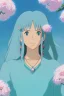 Placeholder: a beautiful woman with azure hair, happy, flowers, beautiful colors, very fine detail, high quality, mystical, romanticism, intricate,