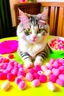 Placeholder: scene: Adorable,a cat eating food with a lot of food around her facts about them ◦ loves food ◦ lovely ◦ pink paws