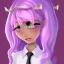 Placeholder: ROBLOX woman character pink hair with horns with white t-shirt and black tie