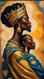Placeholder: Side profile of an African King with her aspirations behind her. Holding her man hugging with love and romance,Opulent Van Gohn style painting