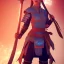 Placeholder: warrior woman with axe, wearing japanese armor, blue lighting sky, glowing red axe, stromy, red armor, realistc mortal kombat style, 3d render --test --creative