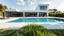 Placeholder: big beautiful modern villa with a large garden and grass in front no pool