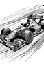 Placeholder: coloring book page,Decorate a Formula 1 car with vibrant colors and sponsor logos as it speeds around the track. ink drawing clipart, simple line illustrations, black and white