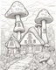 Placeholder: B/W coloring page, super detailed illustration for adult, "Mushroom Houses" ,crisp line, line art, high resolution, smooth, law details, no shading, no fill, white background, clean line,The artwork should be with strong and clean outline.