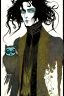 Placeholder: Black haired, owl-man, Skinny, warlock, in the style of Harry Clarke