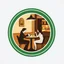 Placeholder: A circular logo with a special green border color, in the center of which are two people sitting around a table drinking coffee, and the cafe light above the table is on, in the space of a special and beautiful cafe.