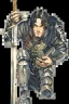 Placeholder: A handsome 30 year old knight, black hair, male bob haircut, in black-and-gold plate armor, golden katana in both hands, no beard, european, proper arms