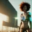 Placeholder: A beautiful portrait of a cyberpunk woman with lot's of grain on her skin red head with natural curly hair flying in the wind cyborg smiling facing camera orange color scheme, high key lighting, volumetric light high details with white stripes and feathers unreal 5, octane render, cinema4d, dynamic lighting, dramatic lighting, 4k, redshift render, highly detailed, hyper realistic