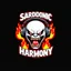 Placeholder: A logo for a rock band inspired by the styles of Ed "Big Daddy" Roth. The text "SARDONIC HARMONY" is written in a futuristic, robotic font. Below the text, there is a sinister, evil marshmallow head with headphones. The marshmallow head is breathing red flames. The background is dark.