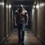 Placeholder: Hyper Realistic muscular headless man carrying his angry faced head & standing in a haunted hallway at night