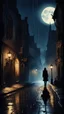 Placeholder: Ultra-detailed digital image of the old city street at night under the moonlight with the silhouette of a passerby, gothic medieval atmosphere, inspired by old Paris, slight horror flavor, sadness, regret and heartbreak, inspired by the stories of H.P. Lovecraft, Close-up, Low Angle, Imitation of a Real Oil Painting, Dripping Paint, Balanced Composition, Sense of Depth in the Scene, Dark Colors, Professional Hollywood Color Correction, Intricate Details, Highest Display Quality, Octane Rendering