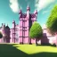 Placeholder: concept art, concept design, neogothic palace, neo gothic, aesteric, pink walls, pink exterior, glass exterior, english garden around, gardens, plants, trees, volumetric light, photorealistic, high quality, cinematic, sunny, natural blue sky, cozy clouds, green lawn grass, natural pound, retro cars outside