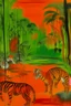 Placeholder: An orange colored jungle with devilish tigers and an acid lake painted by Mark Rothko