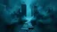 Placeholder: A surreal, dark and cold abstract artwork dominated by deep blue, icy cyan, charcoal black and muted steel-grey tones. A mysterious, impossible passageway emerges from an abstract distorted landscape, surrounded by thick atmospheric fog and drifting mist. The space feels dreamlike, alien and unsettling, with fragmented geometric forms, floating architectural fragments and unnatural perspectives. At the center of the composition visible cracked stone way over abyss