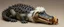 Placeholder: crocodile dog with fluffy hair, doing dog things and eating small dog