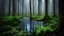 Placeholder: photograph of an outdoor scene of a tranquil misty swamp like forest with lush thin trees, healthy greens, blue sky