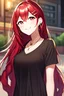 Placeholder: girl, masterpiece, best quality, cinematic lighting, detailed outfit, vibrant colors, perfect eyes, red hair, red eyes, long hair, braided ponytail, hairclip, earrings, smile, casual clothes,