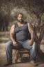 Placeholder: half figure shot photography of a marocan ugly dirty burly muscular chubby farmer 36 years old, bullneck, strong arms, big belly, manly chest, very sweat, short beard, tattoo, curly hair , short bulging pants, open legs sitting on a chair under an olive tree , big tights, barefoot, ambient occlusion, hyper detailed photography, photorealistic, 35mm lens, side light, frontal view from below, natural colors